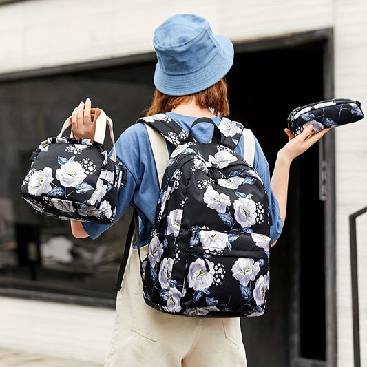 Kids Floral Backpack Set - School Bookbag, Lunch Bag, Pencil Case