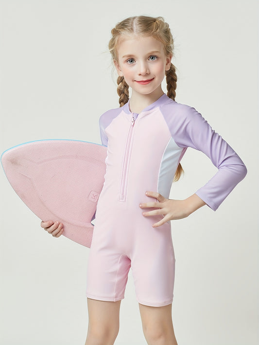 Comfy Stretchy Splicing Long Sleeve Half Zip Swimwear For Girls