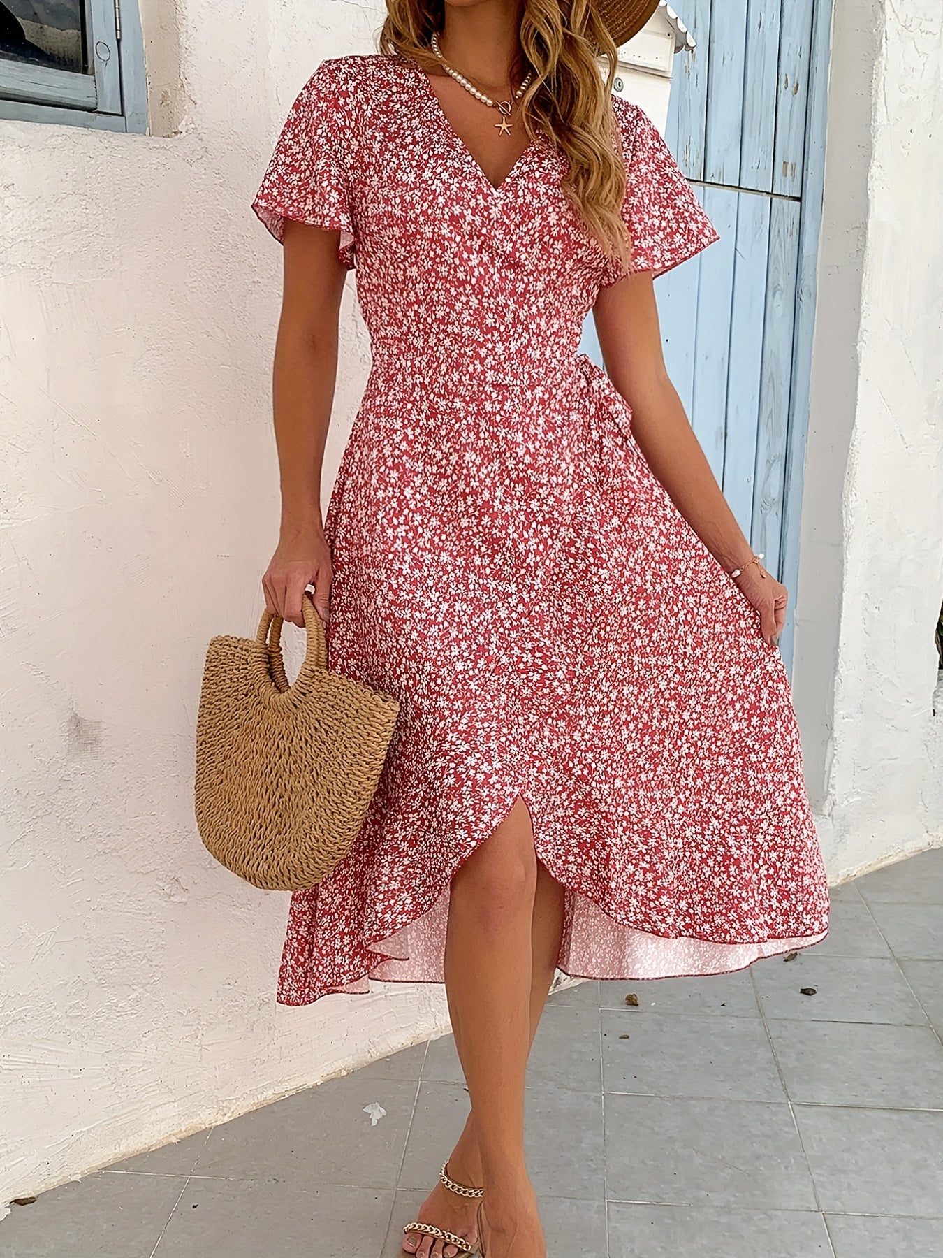 Floral Print Flutter Sleeve Dress Wrap V neck Dress