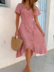 Floral Print Flutter Sleeve Dress Wrap V neck Dress