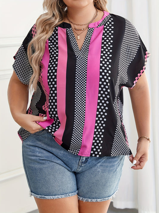  Stripe Print Short Sleeve Stand Neck Blouse