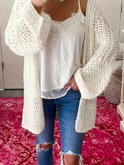  Casual Solid Pointelle Lantern Sleeve Open Front Cardigan