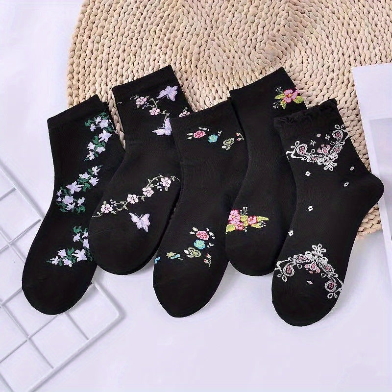 5 Pairs Floral Print Socks Comfy & Soft Crew Socks Women's Stockings