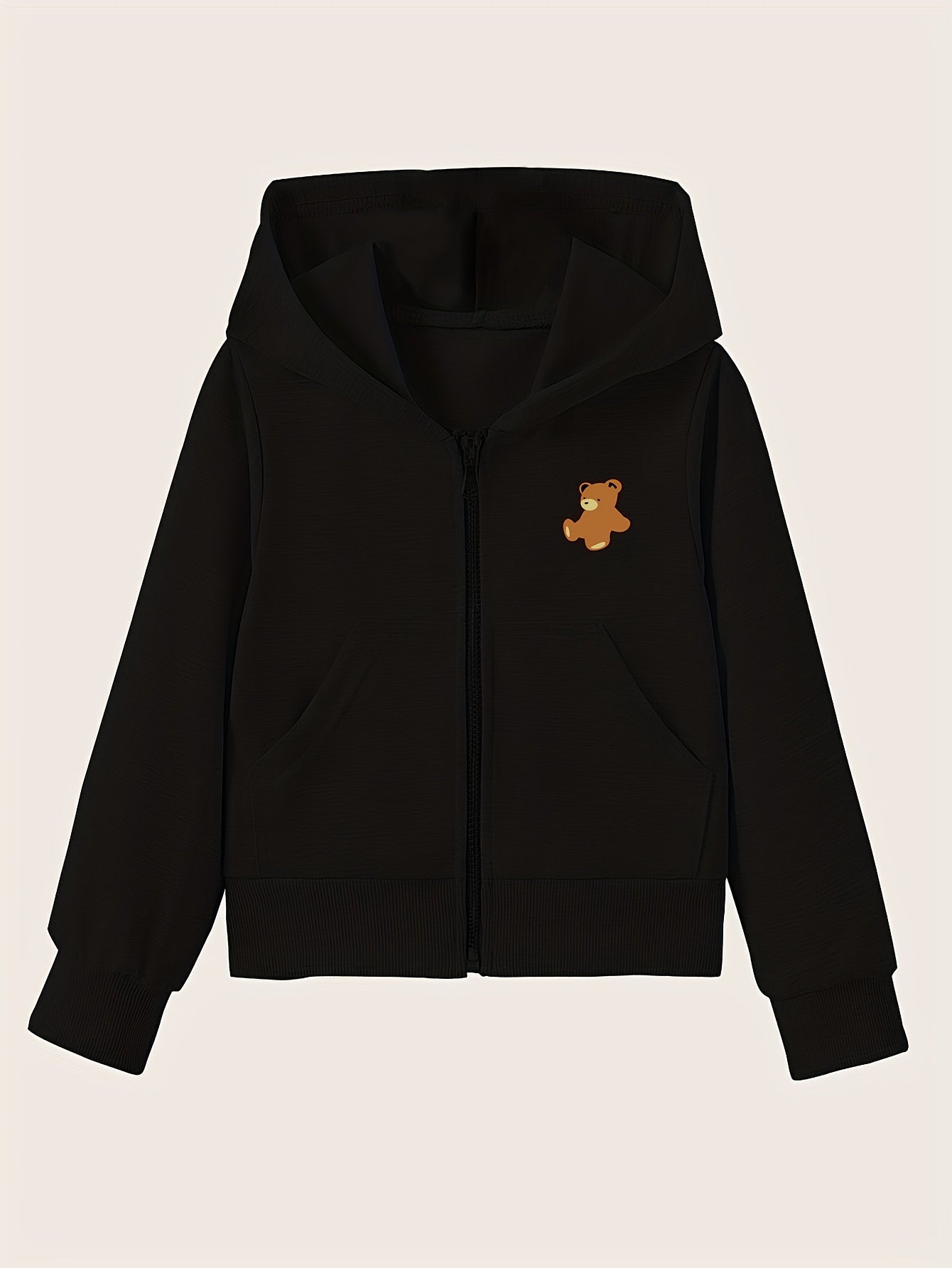 Girls' Bear Graphic Hoodie Zip-Up Sweatshirt with Pockets
