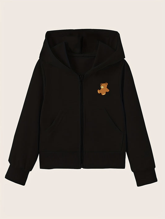 Girls' Bear Graphic Hoodie Zip-Up Sweatshirt with Pockets