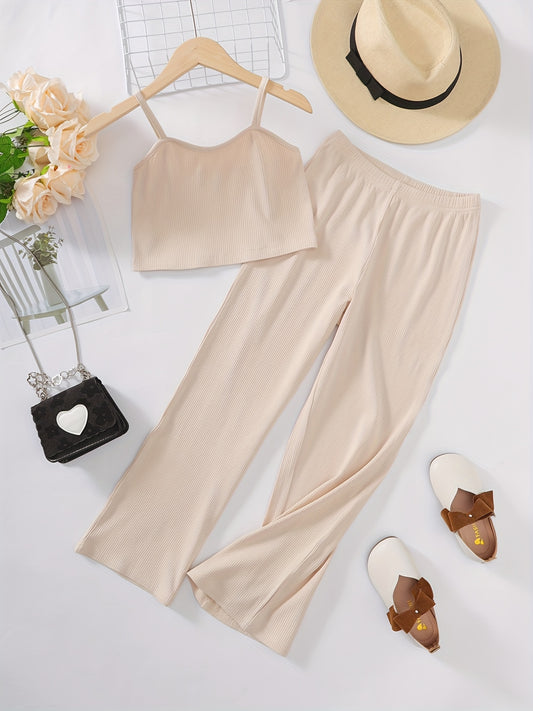 2pcs Toddler Girls Ribbed Knit Cami Crop Top & Elastic Waist Pants Set