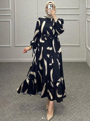  Kaftan Dress Women's Plus Brush Print Lantern Sleeve Ruffle Trim Maxi