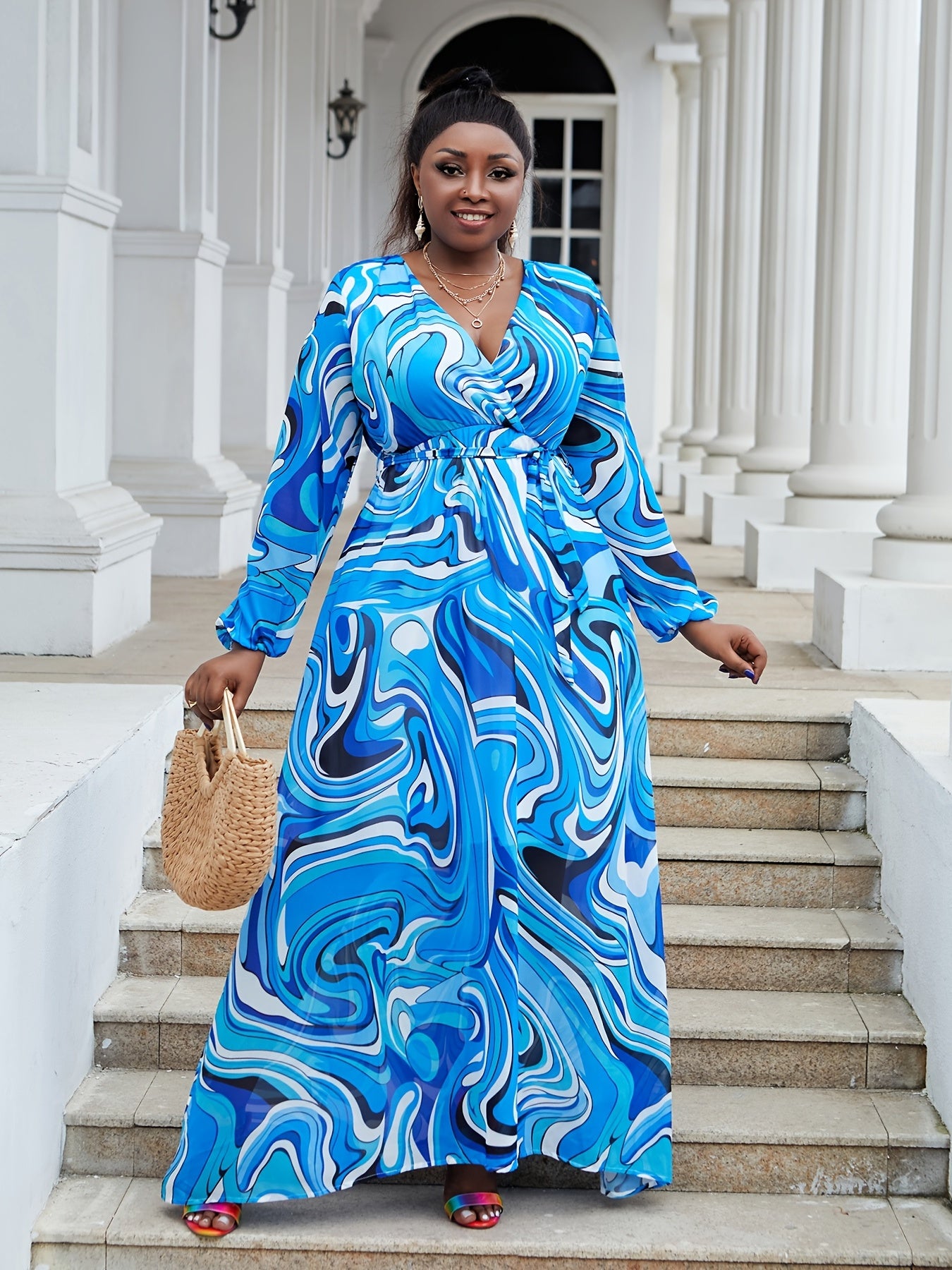 Women's Plus Fluid Print Long Sleeve Maxi Dress