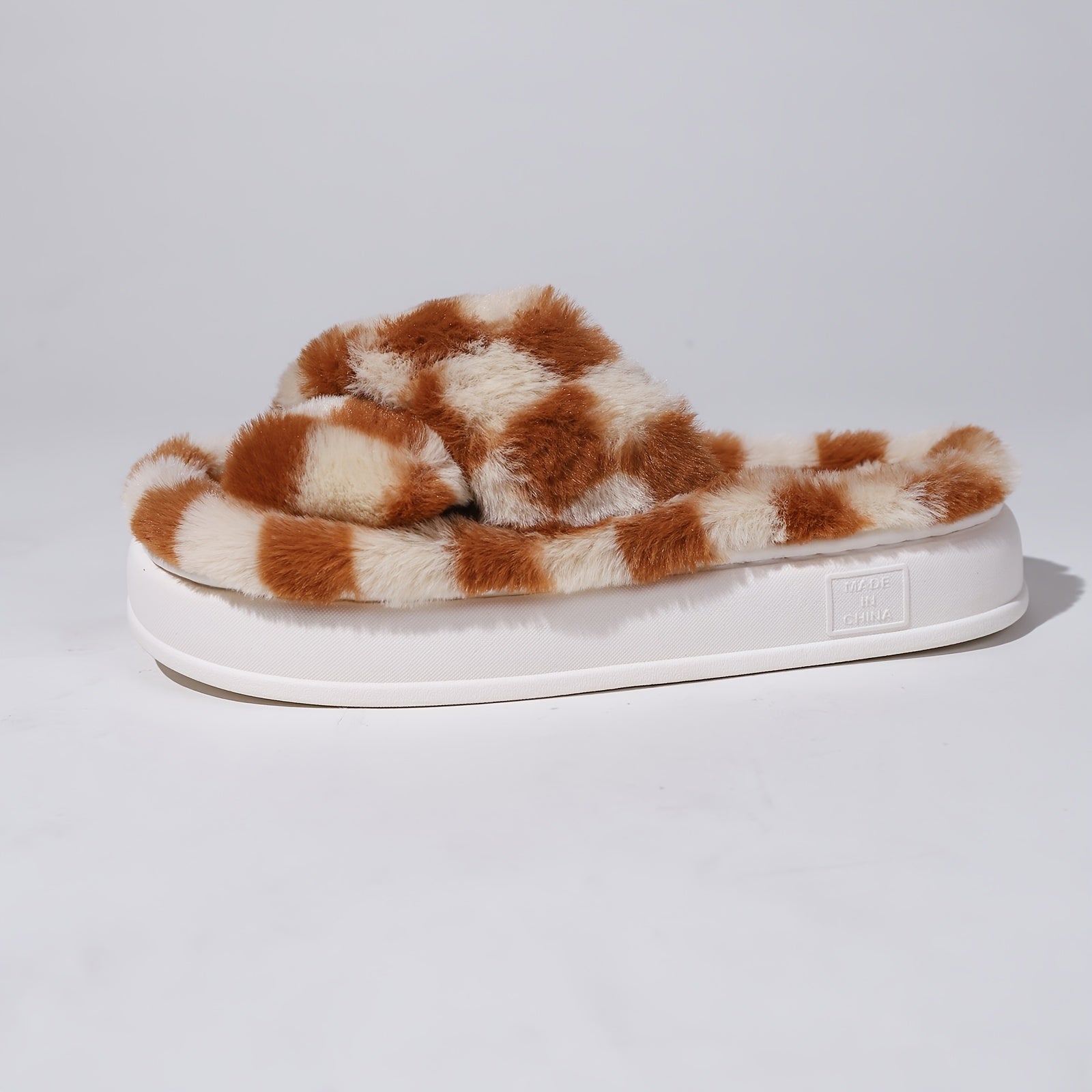 Plaid Pattern Fuzzy Slippers Slide Sandals