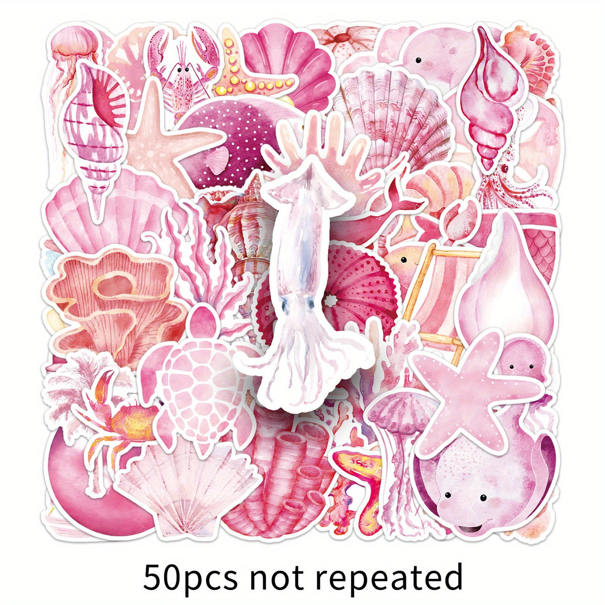 Set of 50 Pink Ocean Themed Cartoon Stickers for Decorating, Self Adhesive