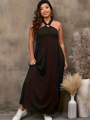  Halter Neck Maxi Dress With Cut Out Back & Pockets