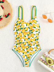Lemon Print Tassel Decor Scoop Neck One Piece Swimsuit