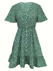 Floral Print V Neck Button Dress Short Sleeve Casual Dress