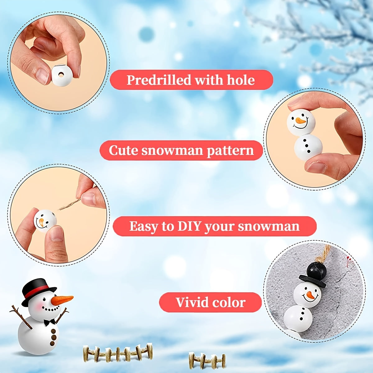 Christmas Snowman Wooden Beads 50pcs 100pcs