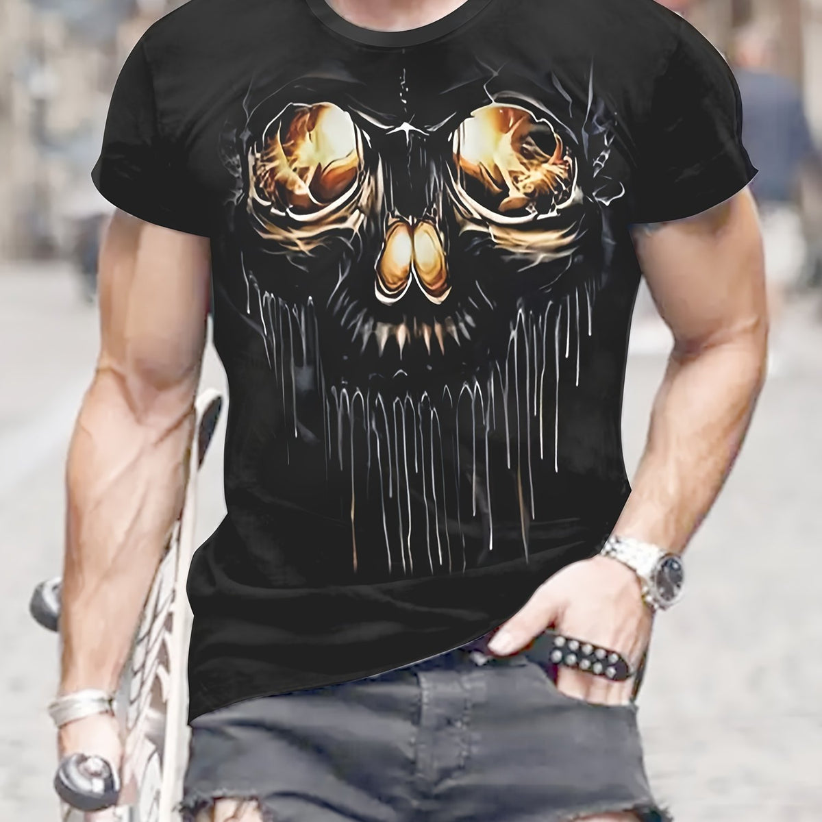 Skull 3d Pattern Print Men's Short Sleeve Comfy T-shirt Graphic Tee
