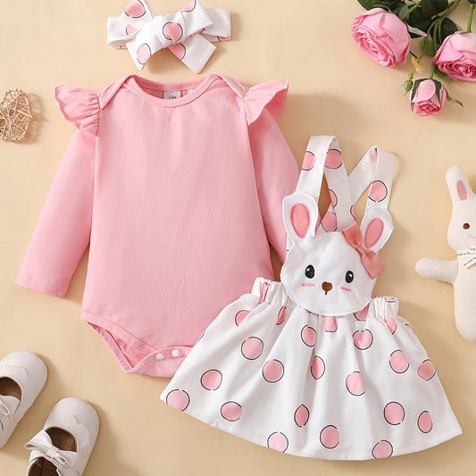 3pcs Baby Girl Polka Dot Rabbit Suspender Skirt Set