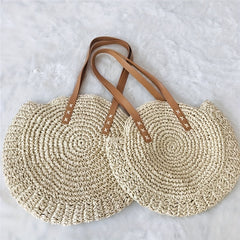 Boho Round Straw Shoulder Bag for Women