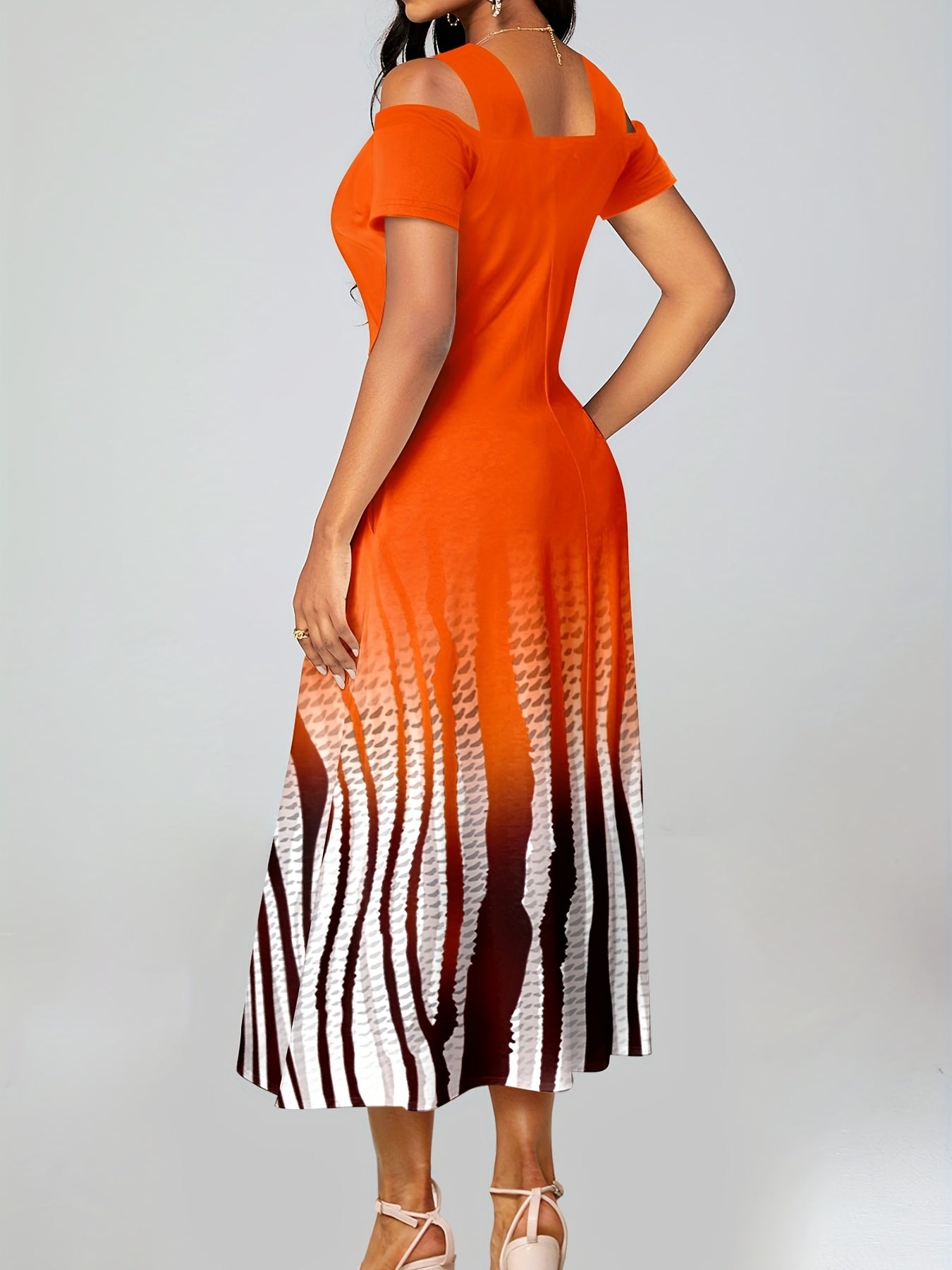  Ombre & Stripe Print Cold Shoulder Midi Dress