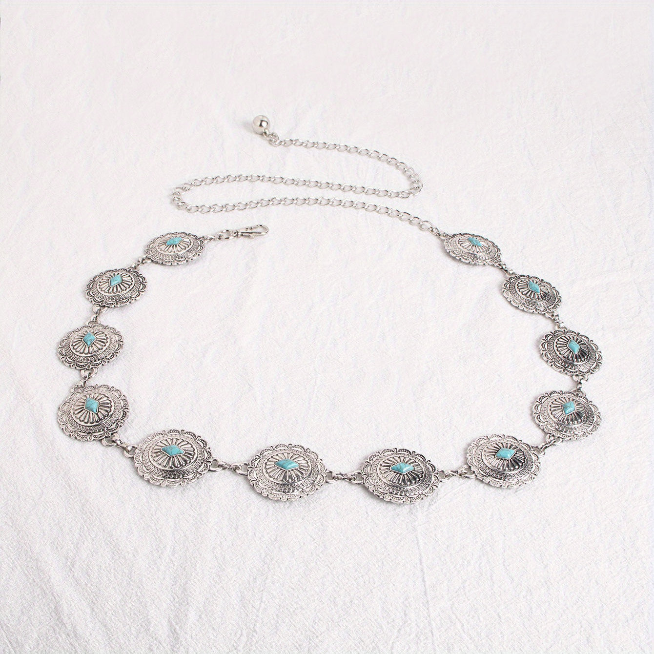 Turquoise Carved Silvery Waist Chain Geometric Flower Embossed Belly Chain 