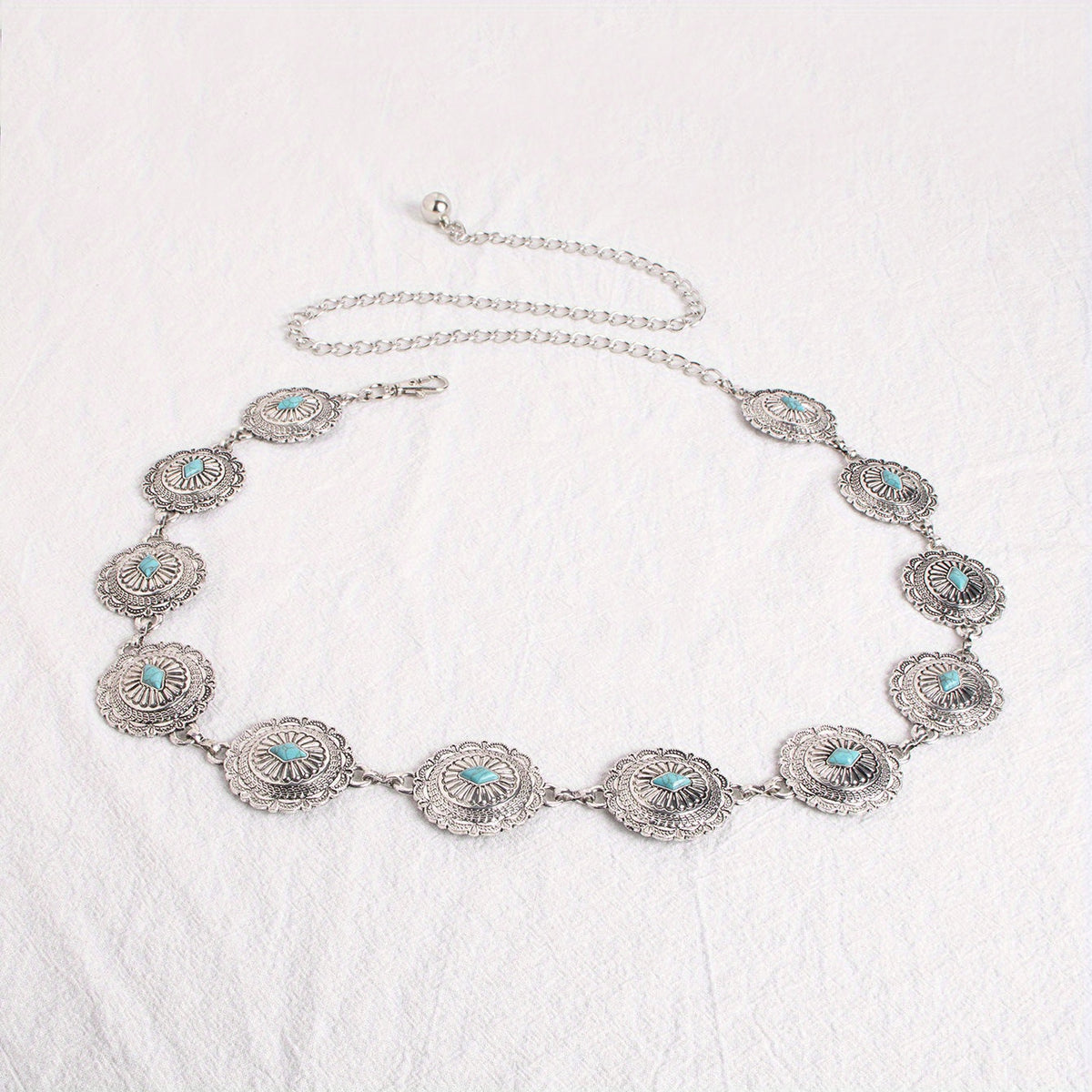 Turquoise Carved Silvery Waist Chain Geometric Flower Embossed Belly Chain 