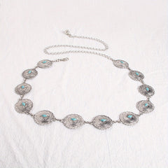 Turquoise Carved Silvery Waist Chain Geometric Flower Embossed Belly Chain 