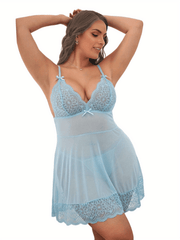  Sexy Lingerie Dress Contrast Lace Bow Mesh Babydoll Dress