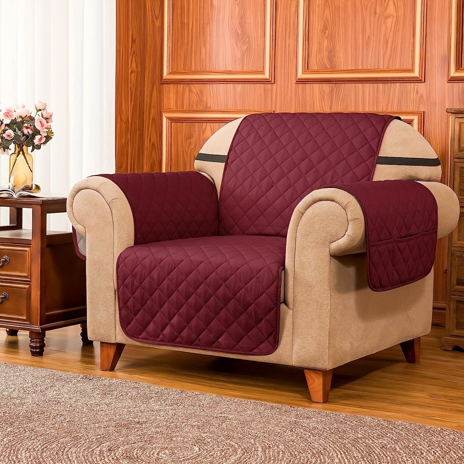 Quilted Armchair Slipcover Washable Furniture Protector Elastic Straps