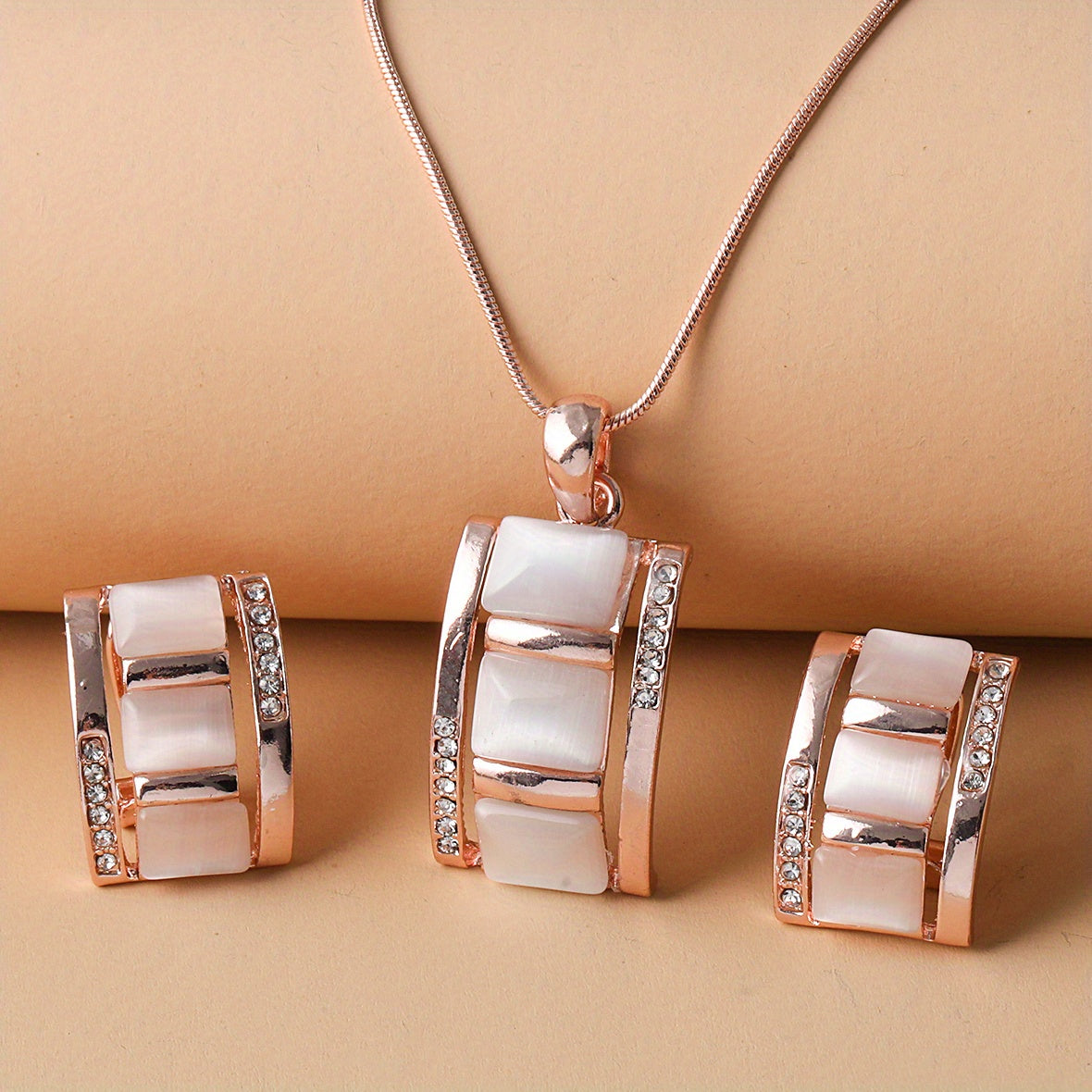 Opal Necklace & Earrings Set Rhinestone Gemstone Jewelry
