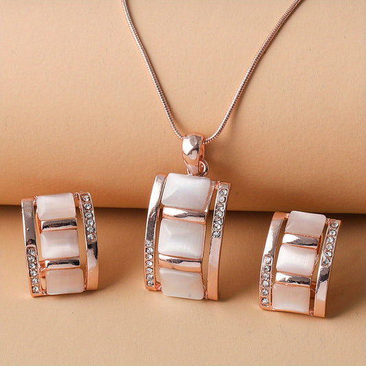Opal Necklace & Earrings Set Rhinestone Gemstone Jewelry