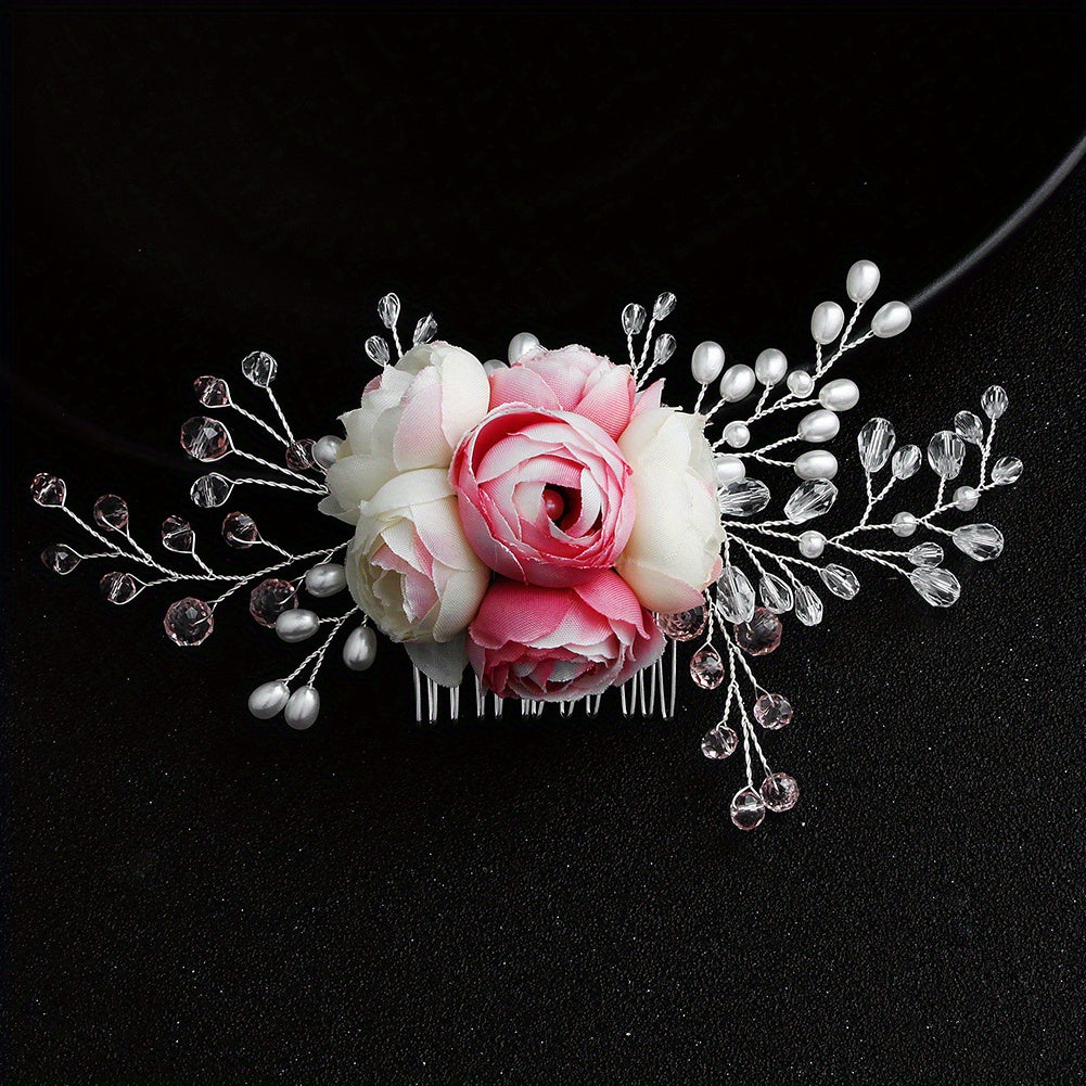 Flower Bridal Jewelry Hair Comb Faux Pearl Crystal Insert Comb