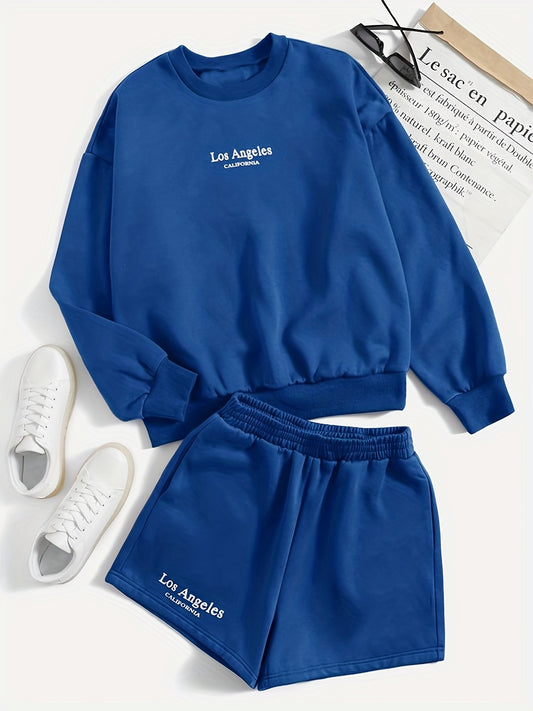 Casual Two piece Set Crew Neck Long Sleeve Sweatshirt & Shorts