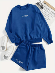 Casual Two piece Set Crew Neck Long Sleeve Sweatshirt & Shorts