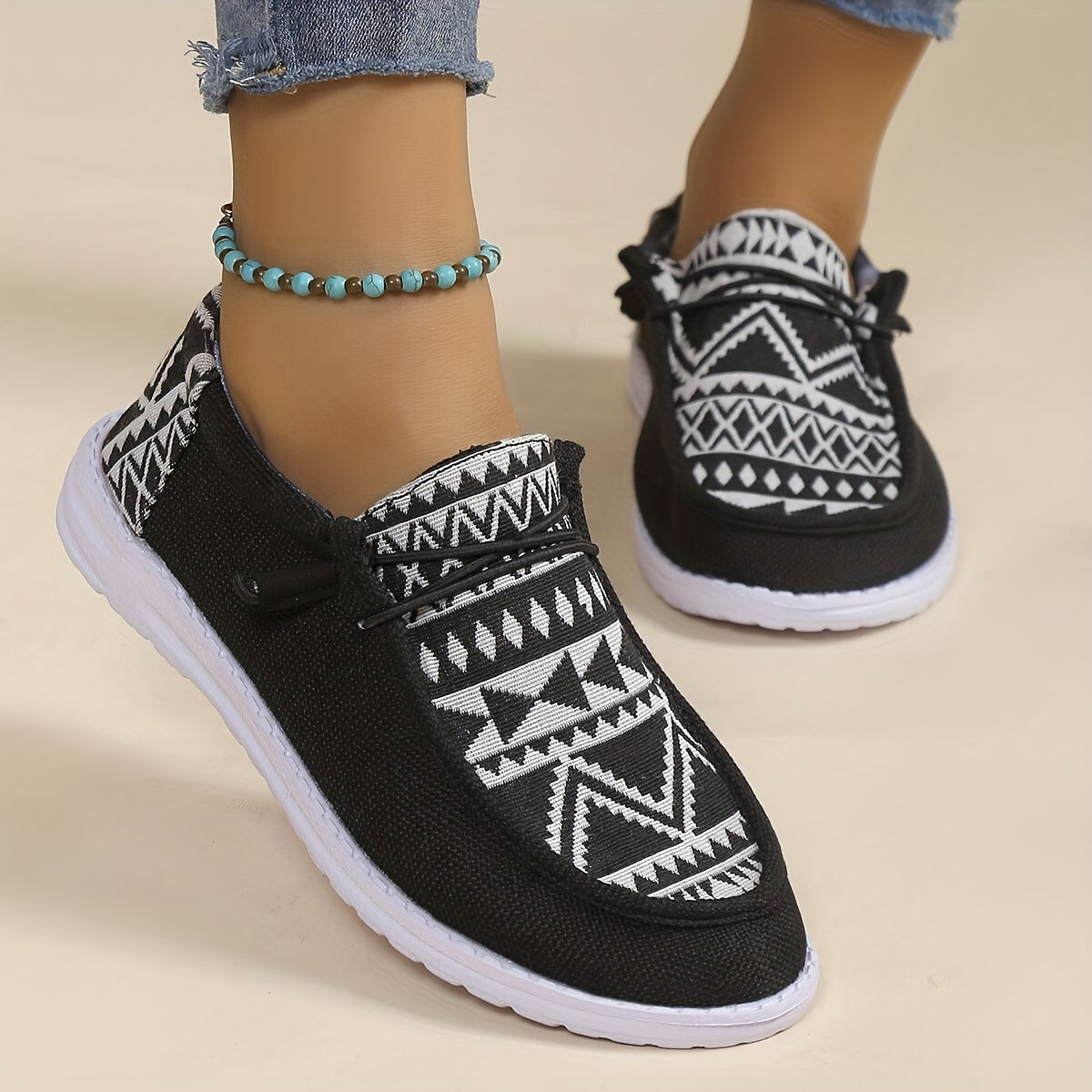 Women's Geometric Pattern Canvas Slip-On Loafers