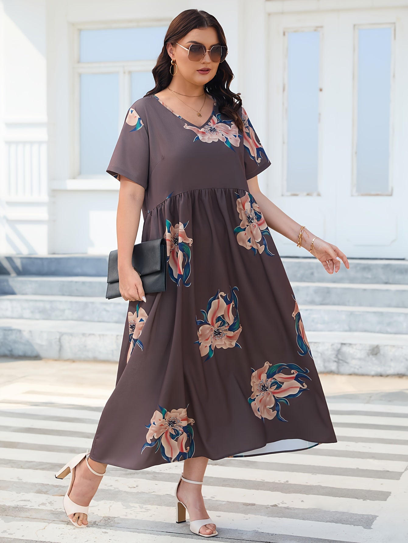 Floral Print V-Neck Maxi Dress Plus Size