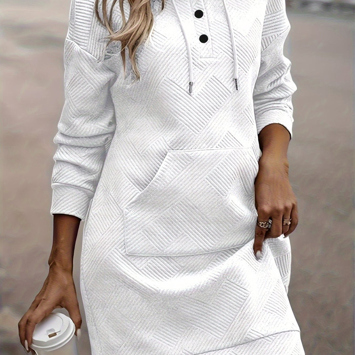  Solid Jacquard Hoodie Sweatshirt Dress