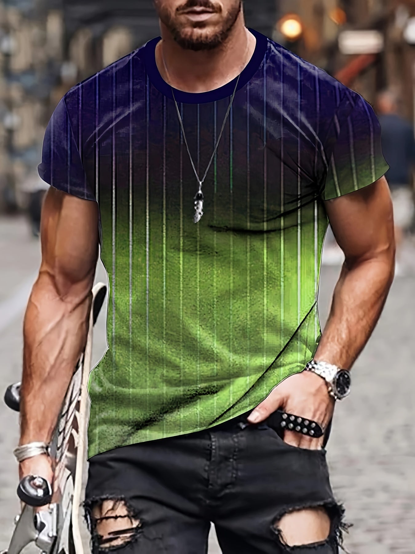 Men's Striped Sports T-shirt Round Neck Tee for Summer