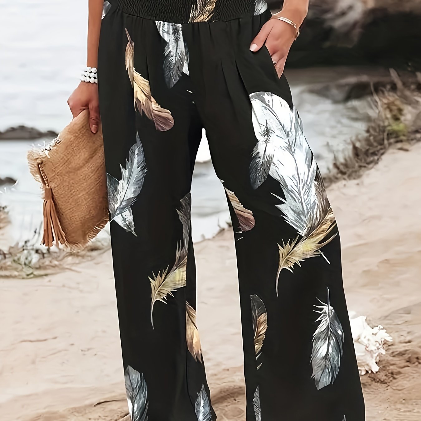 Feather Print Shirred Waist Wide Leg Trousers