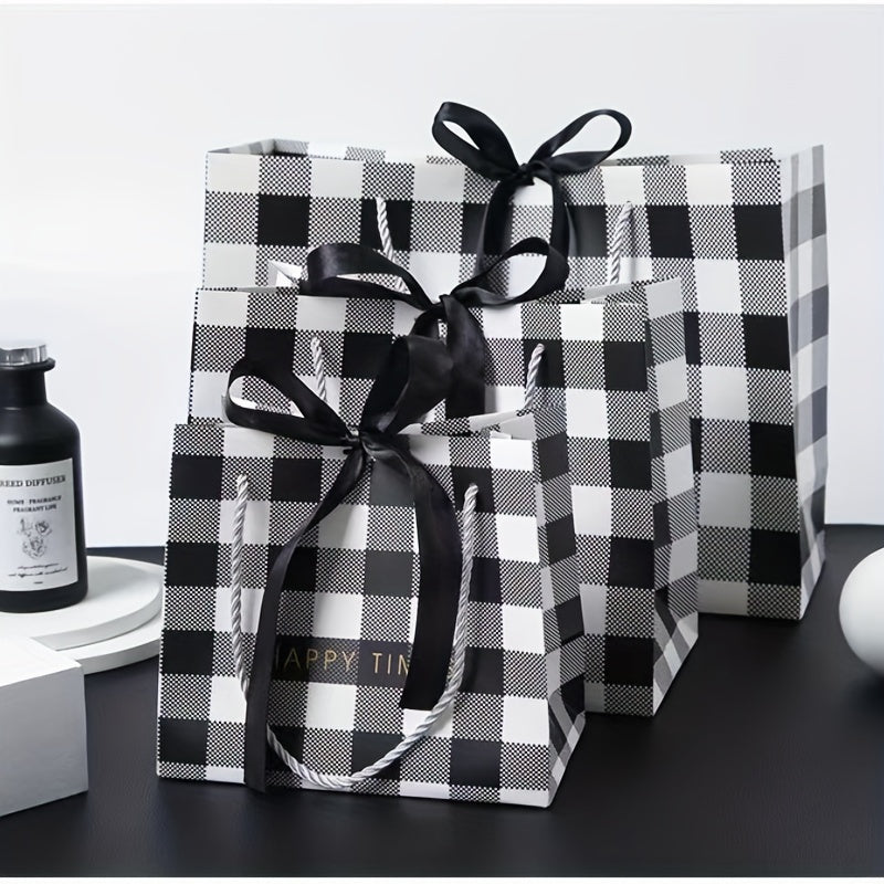 Party Birthday Gift Bag Plaid Pattern 3 Sizes With Ribbon Handbag