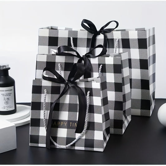 Party Birthday Gift Bag Plaid Pattern 3 Sizes With Ribbon Handbag
