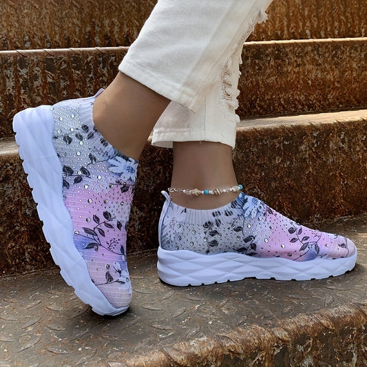 Floral Print Sock Sneakers Rhinestone Low Top Slip On Shoes