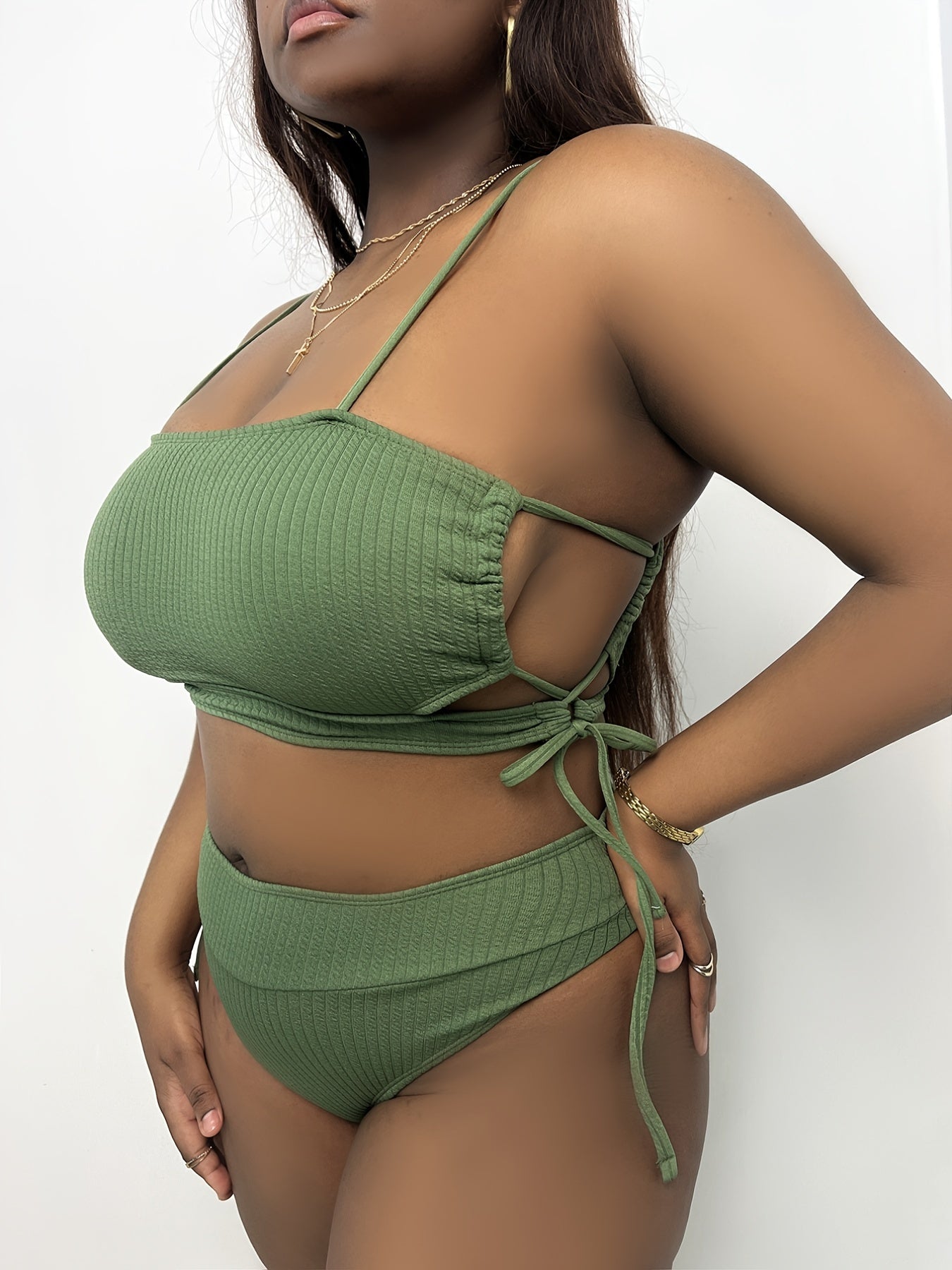 Solid Ribbed Side Knot Cut Out Bikini Set Plus