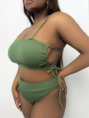Solid Ribbed Side Knot Cut Out Bikini Set Plus