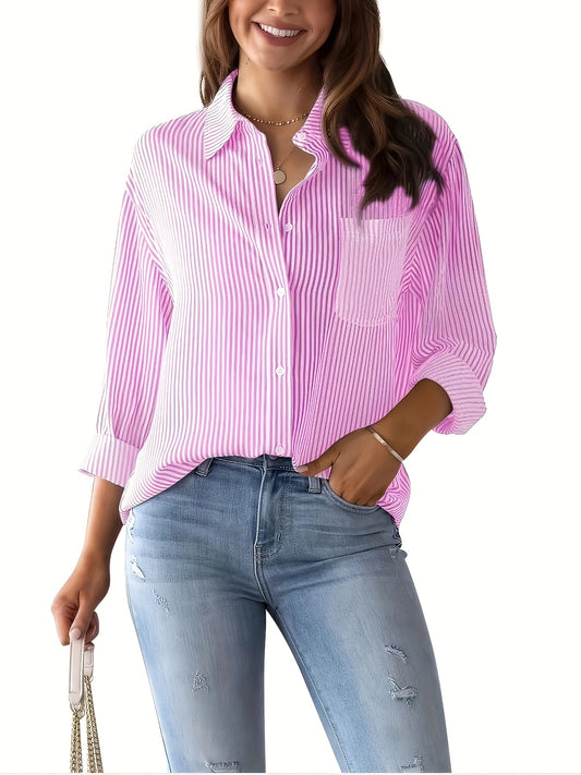  Stripe Print Button Up Long Sleeve Blouse