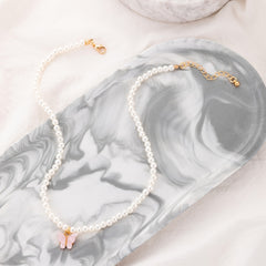 Beaded Necklace Faux Pearls Butterfly Choker Chain for Women