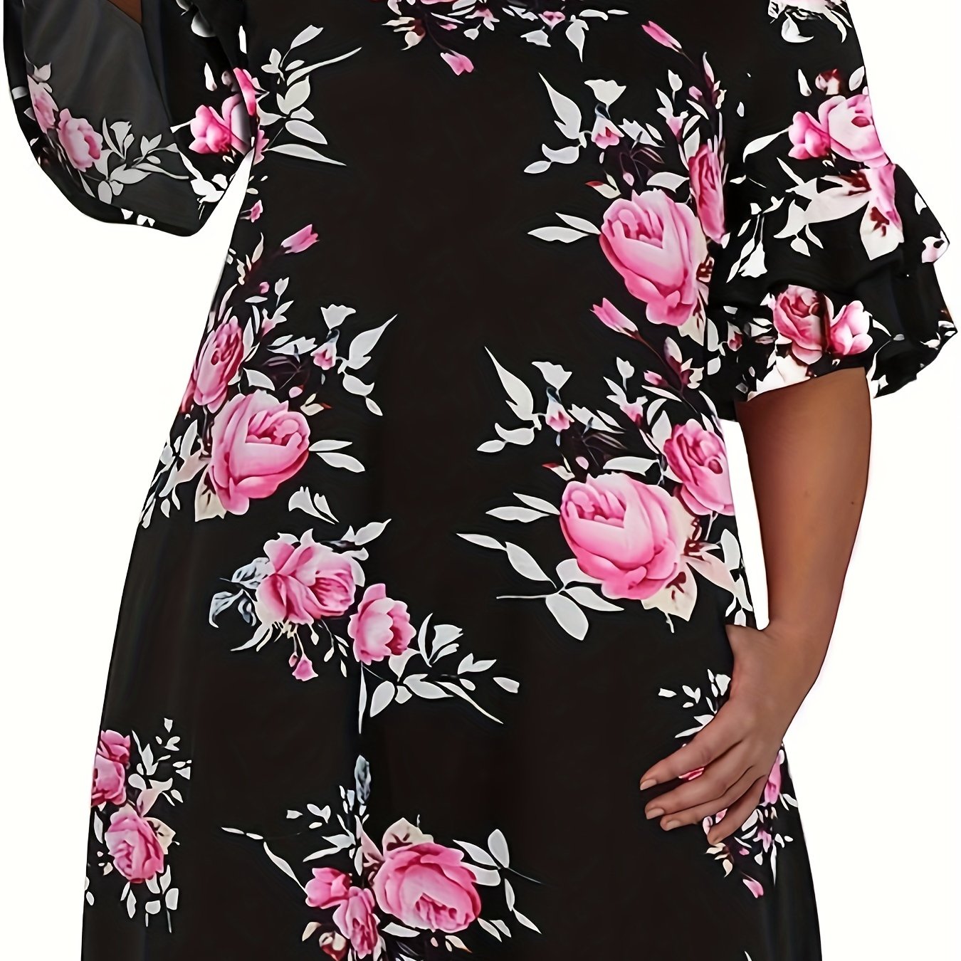  Floral Print Ruffle Trim Short Sleeve Dress