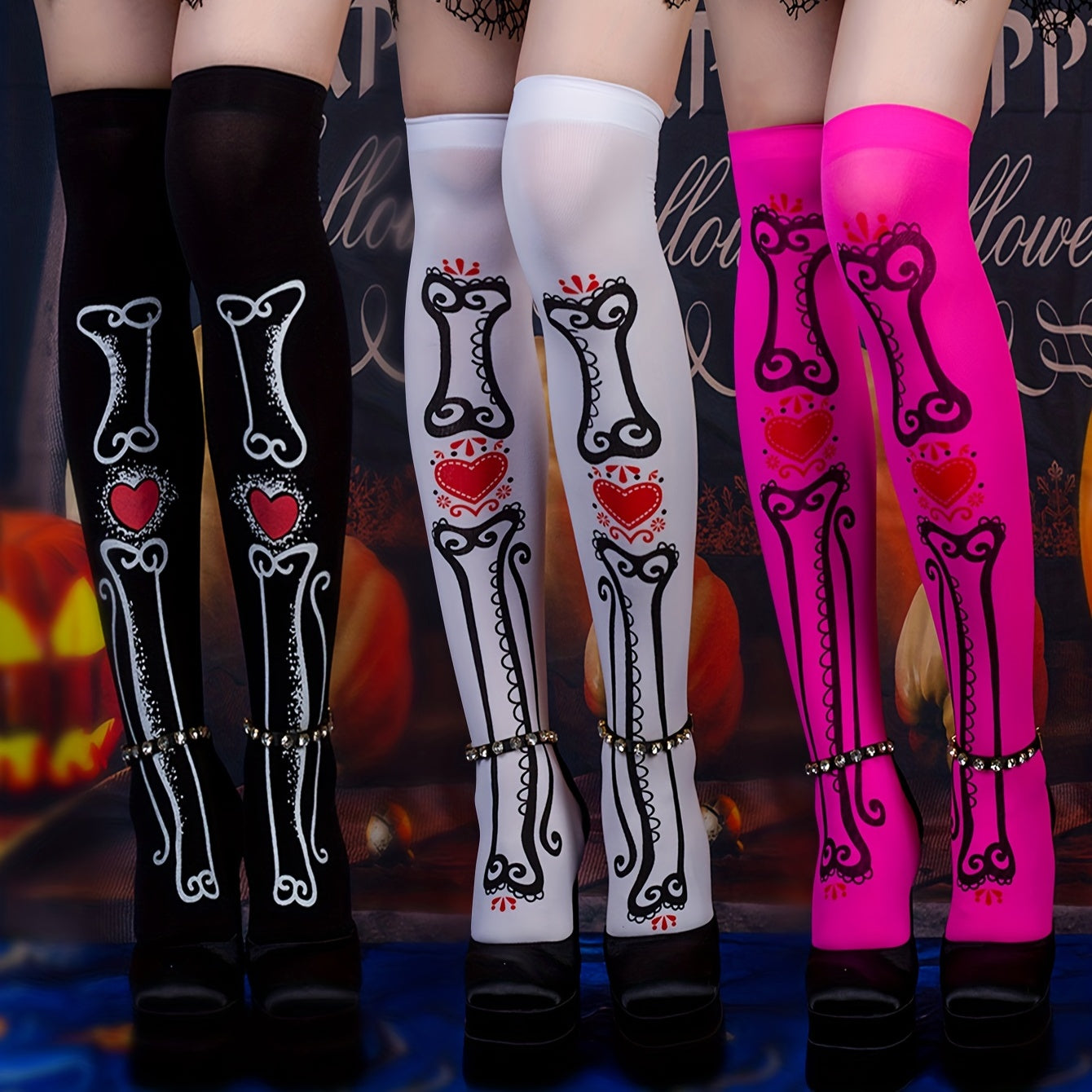 Bone Shaped Print Socks Y2K All match Over The Knee Socks Women's Stockings