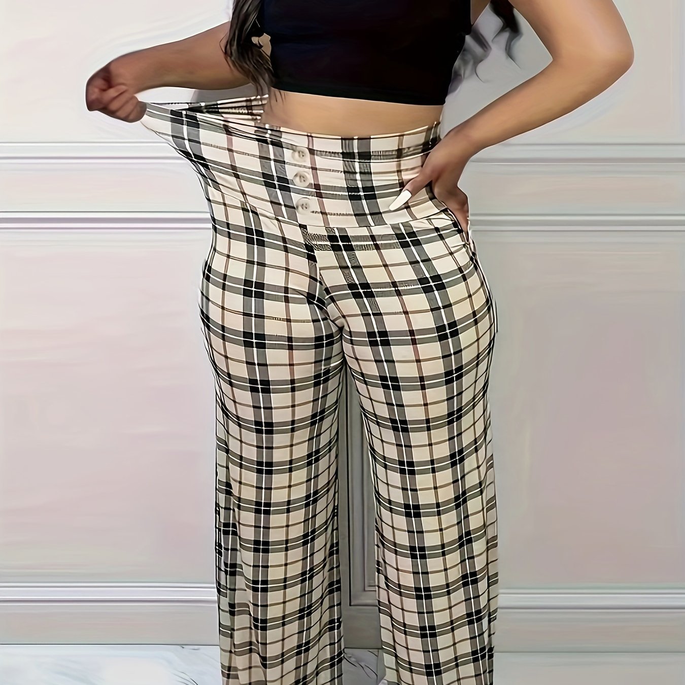 Women's Plus Wideband Waist Plaid Print Pants