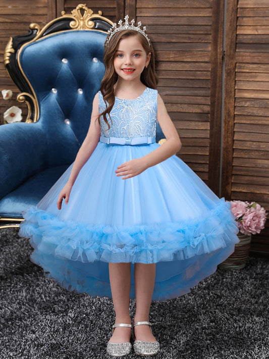 Girls Puffy Tail Princess Dress Bow Embroidery Tulle Tutu