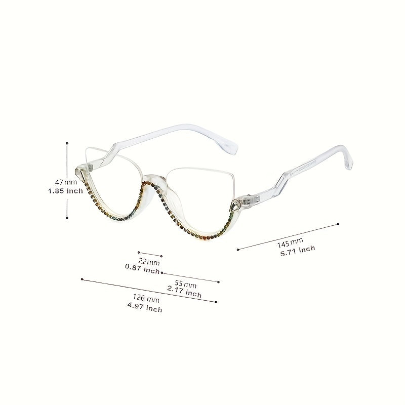 Semi Rimless Cat Eye Glasses Rhinestone Decor Clear Lens Stylish