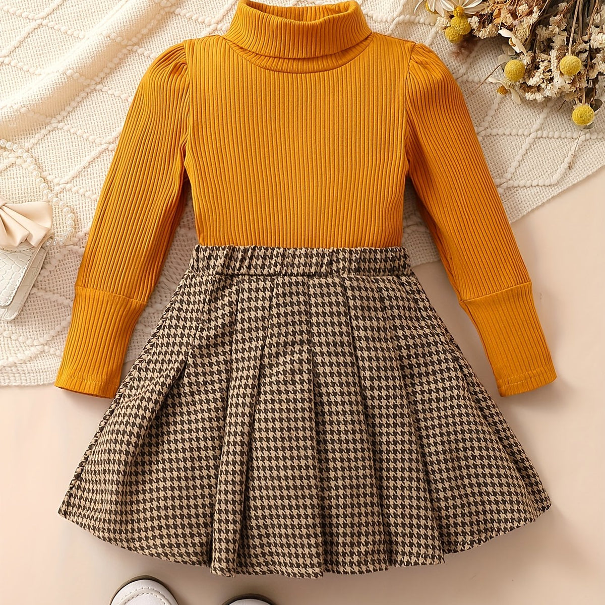 Girl's Preppy Style Turtleneck Top & Houndstooth Skirt Set